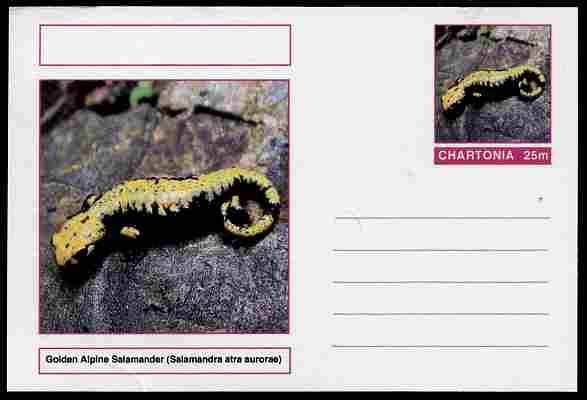 Chartonia (Fantasy) Amphibians - Golden Alpine Salamander (Salamandra atra aurorae) postal stationery card unused and fine, stamps on amphibians, stamps on salamanders