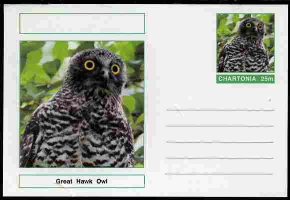 Chartonia (Fantasy) Birds - Great Hawk Owl (Ninox strenua) postal stationery card unused and fine, stamps on , stamps on  stamps on birds, stamps on  stamps on birds of prey, stamps on  stamps on owls