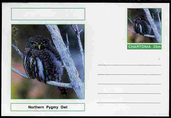 Chartonia (Fantasy) Birds - Northern Pygmy Owl (Glaucidium californicum) postal stationery card unused and fine, stamps on birds, stamps on birds of prey, stamps on owls