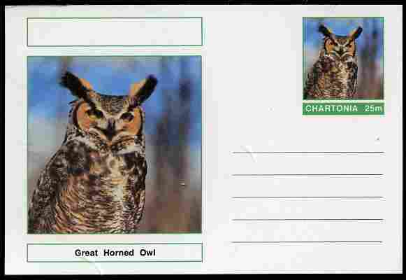 Chartonia (Fantasy) Birds - Great Horned Owl (Bubo virginianus) postal stationery card unused and fine, stamps on , stamps on  stamps on birds, stamps on  stamps on birds of prey, stamps on  stamps on owls