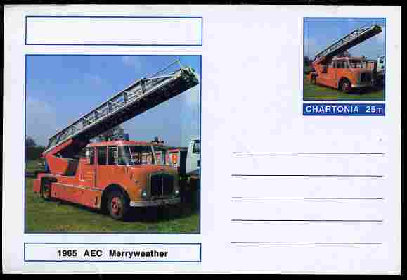 Chartonia (Fantasy) Fire Engines - 1965 AEC Merryweather postal stationery card unused and fine, stamps on transport, stamps on fire