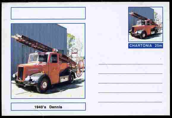 Chartonia (Fantasy) Fire Engines - 1940's Dennis postal stationery card unused and fine, stamps on transport, stamps on fire