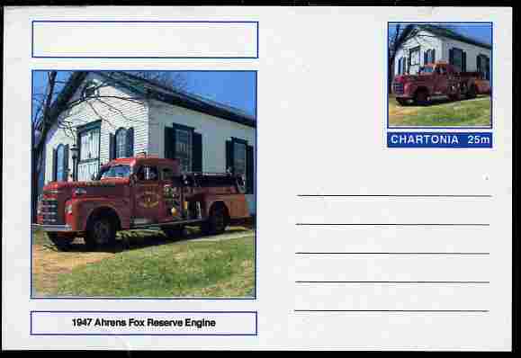 Chartonia (Fantasy) Fire Engines - 1947 Ahrens Fox Reserve Engine postal stationery card unused and fine, stamps on , stamps on  stamps on transport, stamps on  stamps on fire