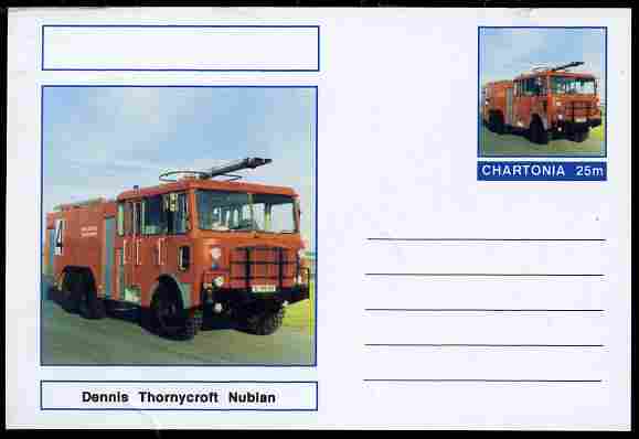 Chartonia (Fantasy) Fire Engines - Dennis Thornycroft Nubian postal stationery card unused and fine, stamps on , stamps on  stamps on transport, stamps on  stamps on fire