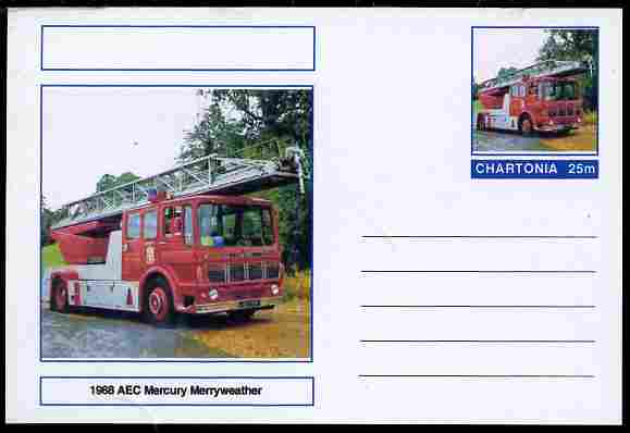 Chartonia (Fantasy) Fire Engines - 1968 AEC Mercury Merryweather postal stationery card unused and fine, stamps on , stamps on  stamps on transport, stamps on  stamps on fire