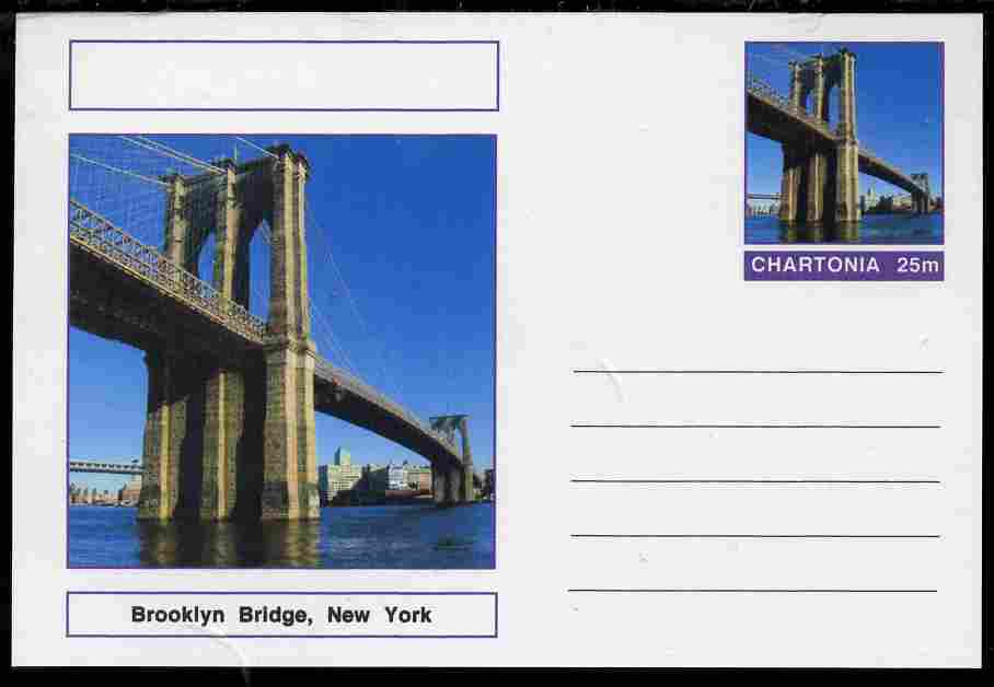 Chartonia (Fantasy) Bridges - Brooklyn Bridge, New York postal stationery card unused and fine, stamps on bridges, stamps on civil engineering