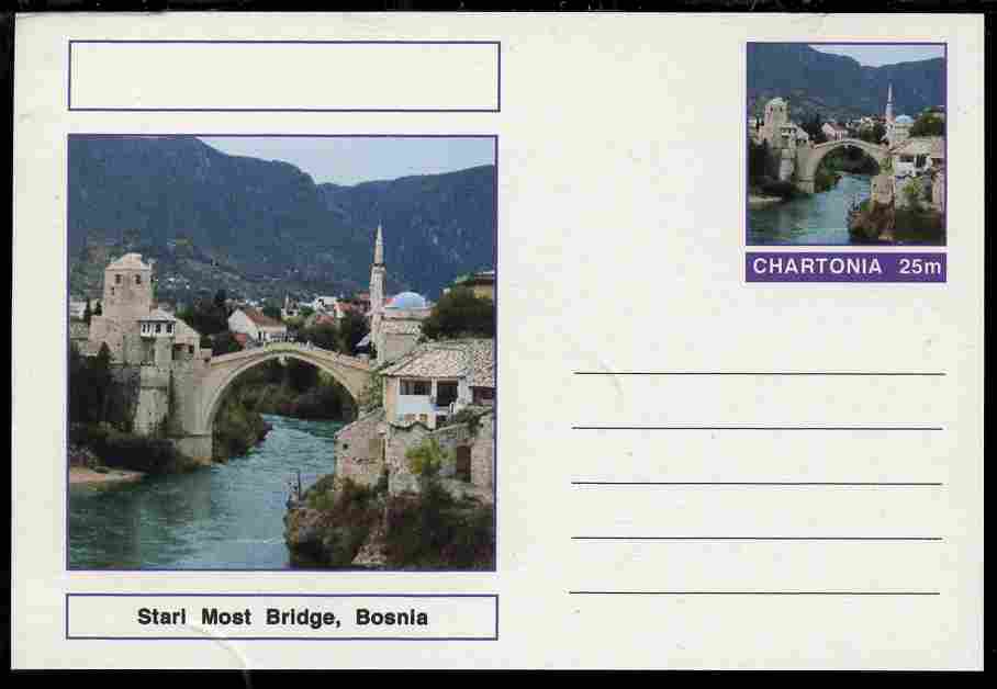 Chartonia (Fantasy) Bridges - Stari Most Bridge, Bosnia postal stationery card unused and fine, stamps on bridges, stamps on civil engineering