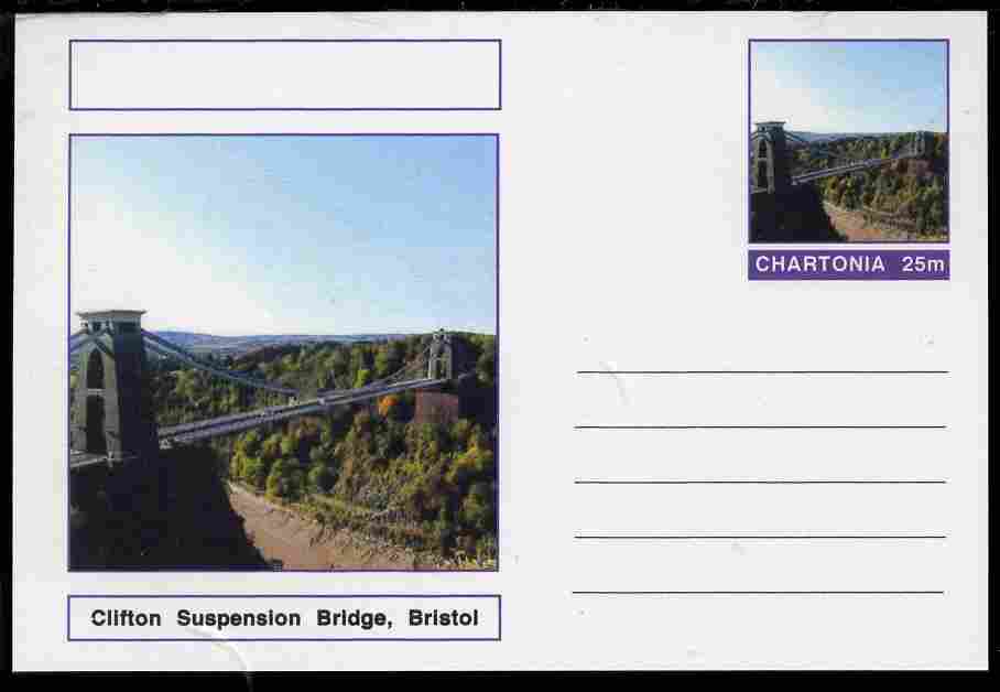 Chartonia (Fantasy) Bridges - Clifton Suspension Bridge, Bristol postal stationery card unused and fine, stamps on , stamps on  stamps on bridges, stamps on  stamps on civil engineering