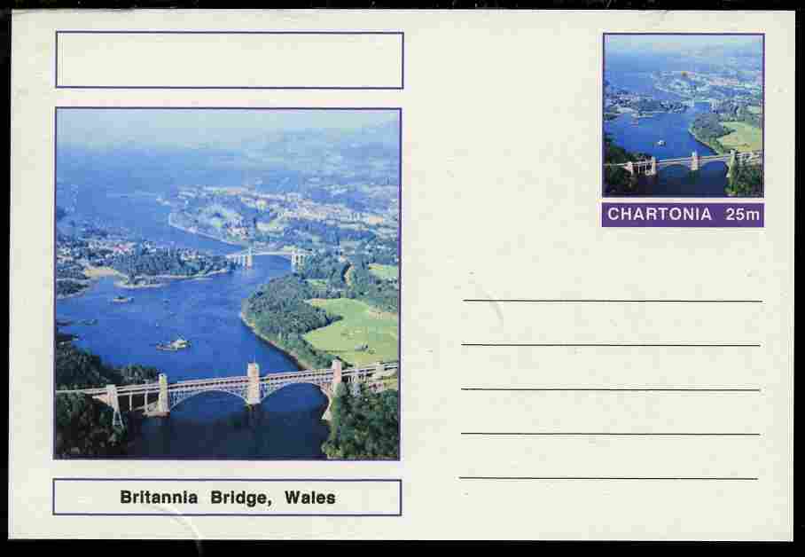 Chartonia (Fantasy) Bridges - Britannia Bridge, Wales postal stationery card unused and fine, stamps on bridges, stamps on civil engineering