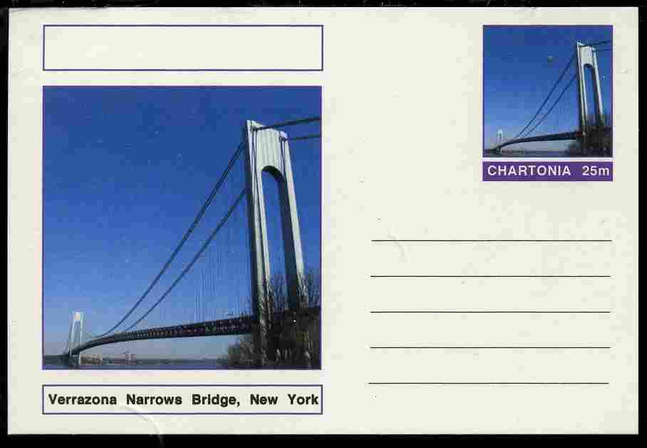 Chartonia (Fantasy) Bridges - Verrazona Narrows Bridge, New York postal stationery card unused and fine, stamps on bridges, stamps on civil engineering
