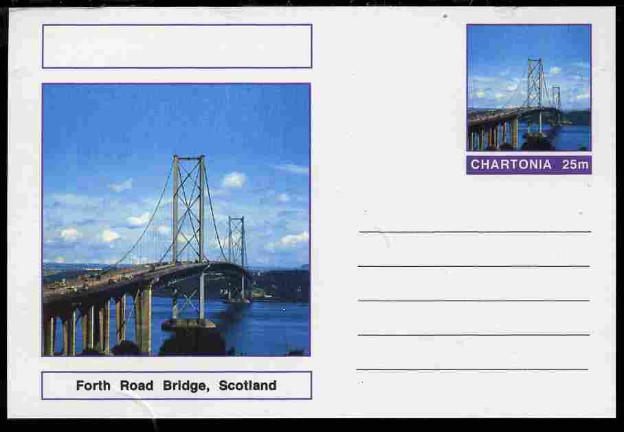 Chartonia (Fantasy) Bridges - Forth Road Bridge, Scotland postal stationery card unused and fine, stamps on bridges, stamps on civil engineering