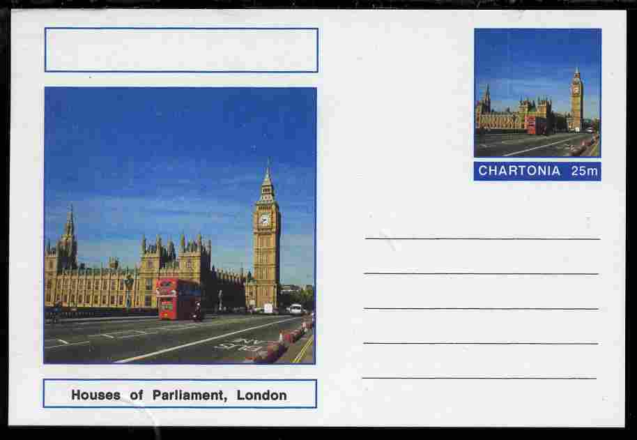 Chartonia (Fantasy) Landmarks - Houses of Parliament, London postal stationery card unused and fine, stamps on , stamps on  stamps on tourism, stamps on  stamps on constitutions, stamps on  stamps on clocks, stamps on  stamps on buses, stamps on  stamps on london