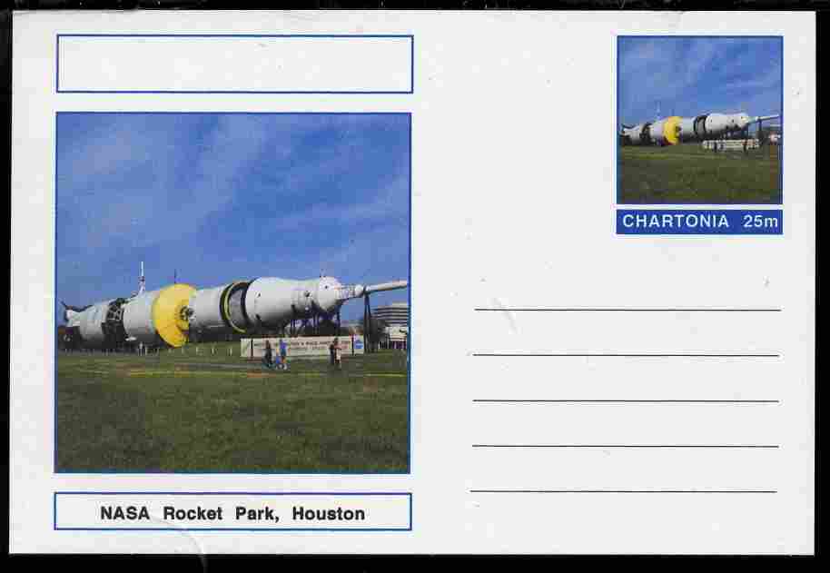 Chartonia (Fantasy) Landmarks - NASA Rocket Park, Houston postal stationery card unused and fine, stamps on , stamps on  stamps on tourism, stamps on  stamps on space, stamps on  stamps on rockets, stamps on  stamps on americana, stamps on  stamps on apollo