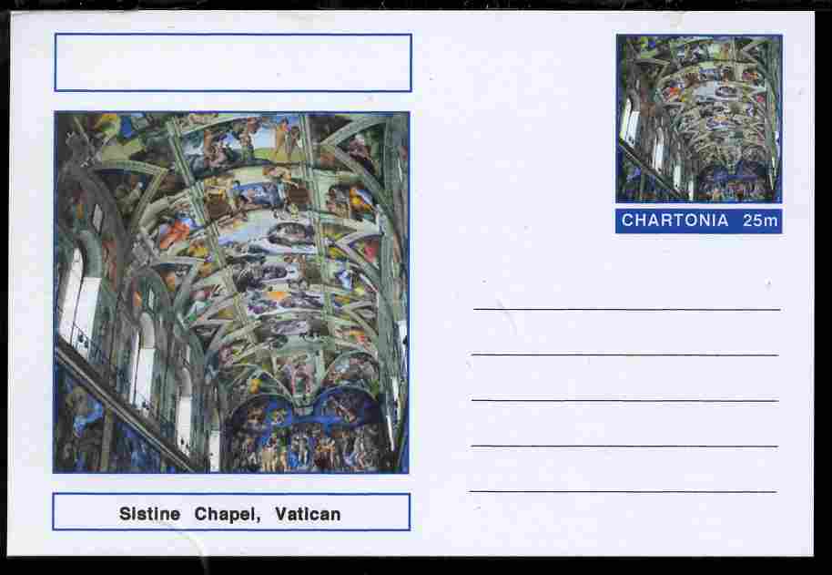 Chartonia (Fantasy) Landmarks - Sistine Chapel, Vatican postal stationery card unused and fine, stamps on tourism, stamps on religion, stamps on arts, stamps on churches