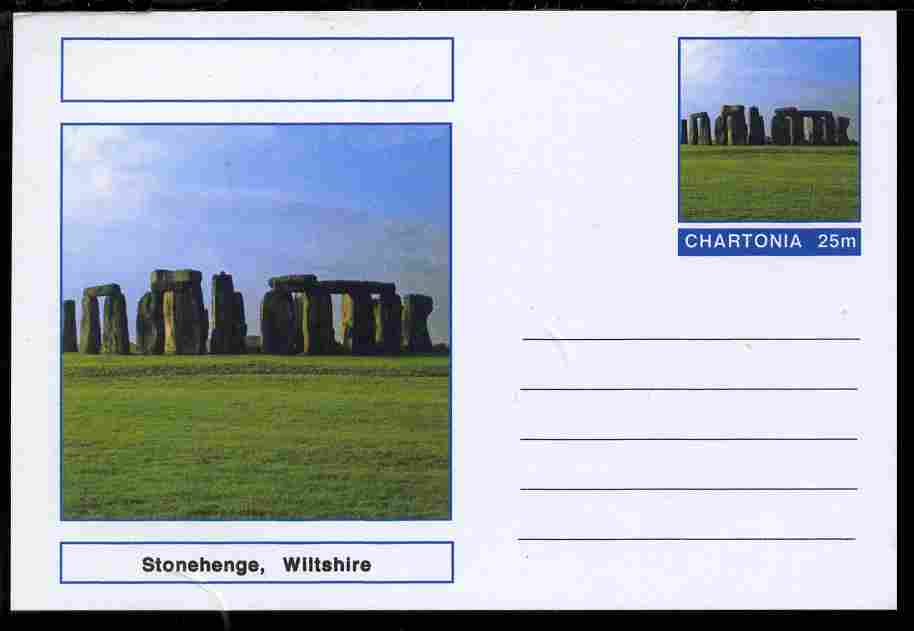 Chartonia (Fantasy) Landmarks - Stonehenge, Wiltshire postal stationery card unused and fine, stamps on tourism, stamps on civil engineering, stamps on religion, stamps on minerals