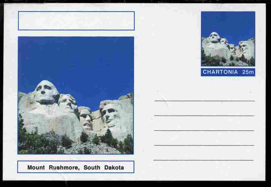 Chartonia (Fantasy) Landmarks - Mount Rushmore, South Dakota postal stationery card unused and fine, stamps on tourism, stamps on americana, stamps on minerals, stamps on usa presidents
