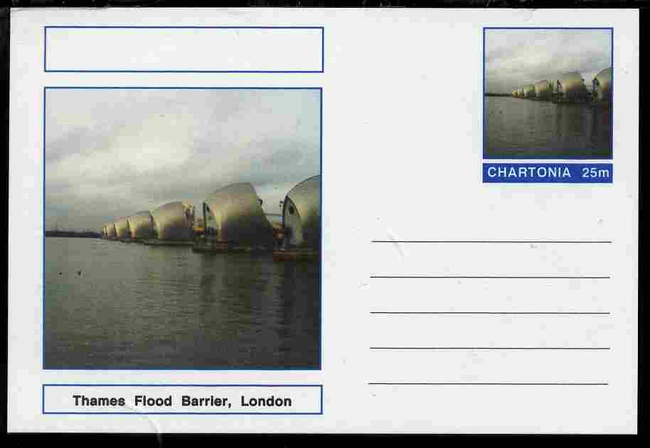 Chartonia (Fantasy) Landmarks - Thames Flood Barrier, London postal stationery card unused and fine, stamps on , stamps on  stamps on tourism, stamps on  stamps on london, stamps on  stamps on civil engineering, stamps on  stamps on dams, stamps on  stamps on irrigation