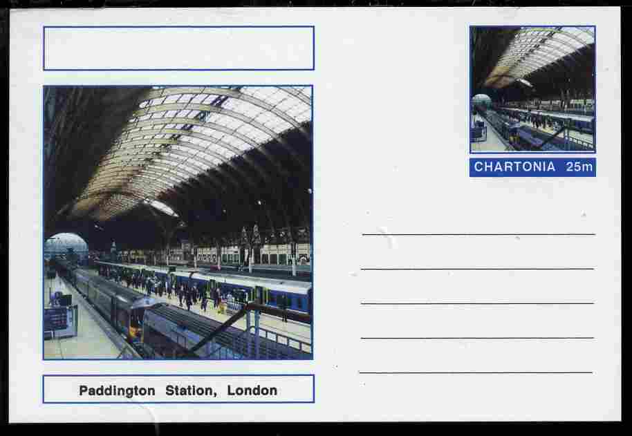 Chartonia (Fantasy) Landmarks - Paddington Station, London postal stationery card unused and fine, stamps on tourism, stamps on london, stamps on railways, stamps on civil engineering