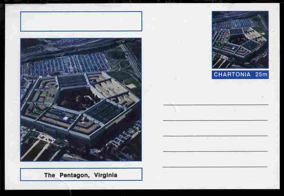 Chartonia (Fantasy) Landmarks - The Pentagon, Virginia postal stationery card unused and fine, stamps on , stamps on  stamps on tourism, stamps on  stamps on americana, stamps on  stamps on usa presidents, stamps on  stamps on constitutions