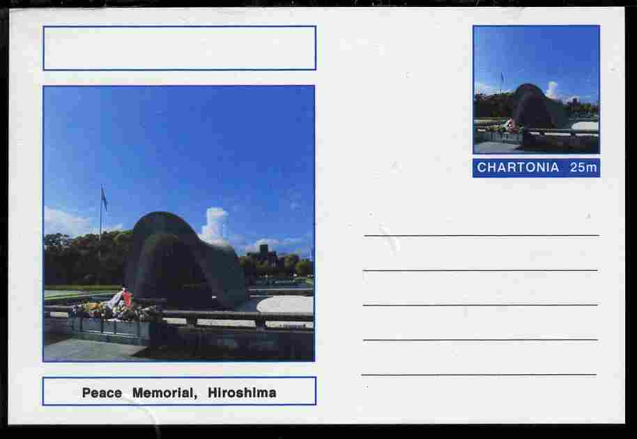 Chartonia (Fantasy) Landmarks - Peace Memorial, Hiroshima postal stationery card unused and fine, stamps on tourism, stamps on peace, stamps on monuments, stamps on  ww1 , stamps on  ww2 , stamps on 