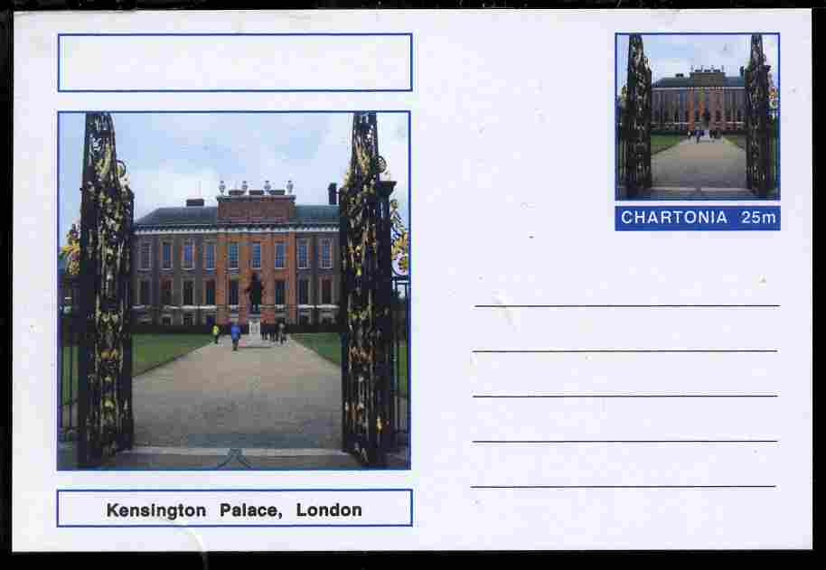 Chartonia (Fantasy) Landmarks - Kensington Palace, London postal stationery card unused and fine, stamps on , stamps on  stamps on tourism, stamps on  stamps on london, stamps on  stamps on royalty, stamps on  stamps on palaces