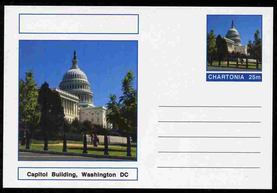 Chartonia (Fantasy) Landmarks - Capitol Building, Washington DC postal stationery card unused and fine, stamps on , stamps on  stamps on tourism, stamps on  stamps on constitutions, stamps on  stamps on americana