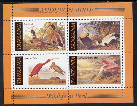 Tanzania 1986 John Audubon Birds m/sheet unmounted mint SG MS 468, stamps on , stamps on  stamps on audubon, stamps on  stamps on birds, stamps on  stamps on ducks, stamps on  stamps on mallard, stamps on  stamps on eider, stamps on  stamps on ibis, stamps on  stamps on spoonbill