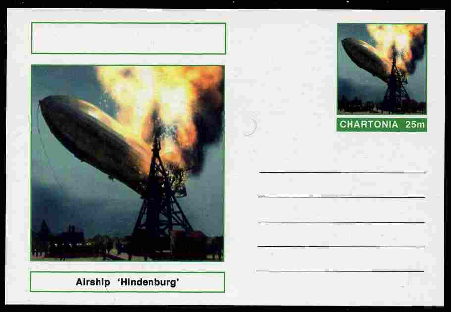 Chartonia (Fantasy) Airships & Balloons - Hindenburg LZ-129 postal stationery card unused and fine, stamps on , stamps on  stamps on transport, stamps on  stamps on aviation, stamps on  stamps on airships, stamps on  stamps on zeppelins