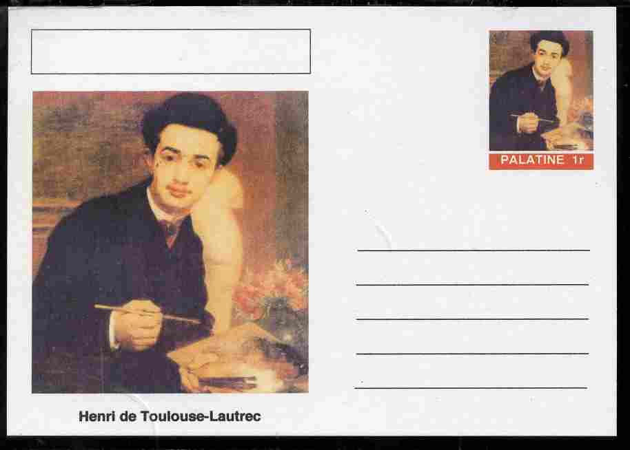 Palatine (Fantasy) Personalities - Henri de Toulouse-Lautrec postal stationery card unused and fine, stamps on , stamps on  stamps on personalities, stamps on  stamps on arts, stamps on  stamps on toulouse-lautrec