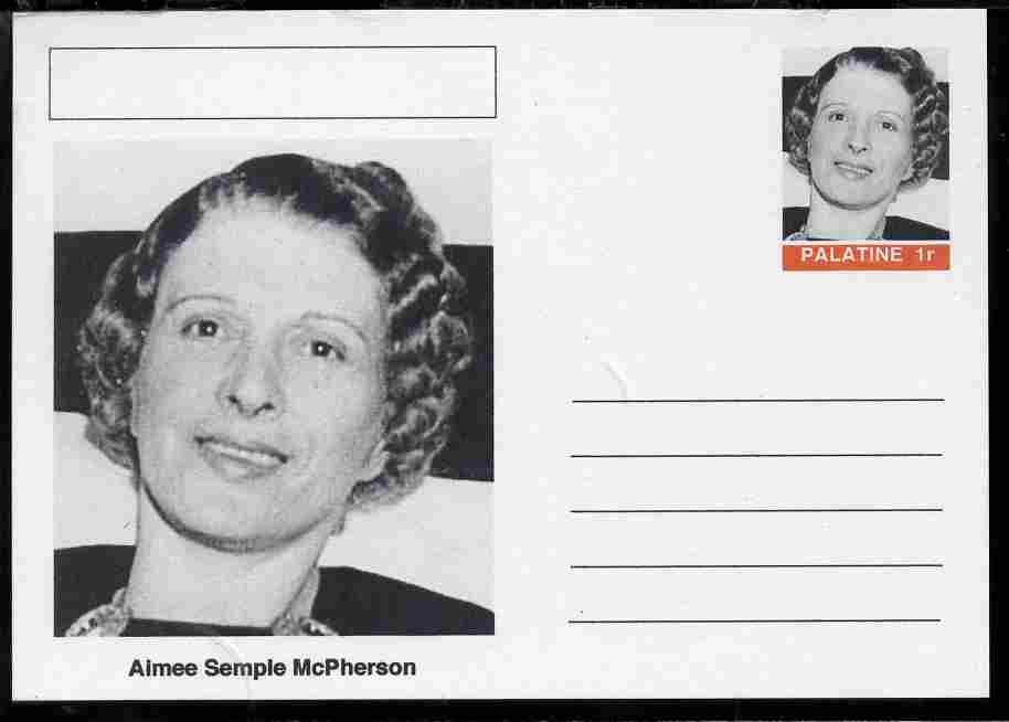 Palatine (Fantasy) Personalities - Aimee Semple McPherson (Salvation Army) postal stationery card unused and fine, stamps on , stamps on  stamps on personalities, stamps on  stamps on salvation army, stamps on  stamps on women