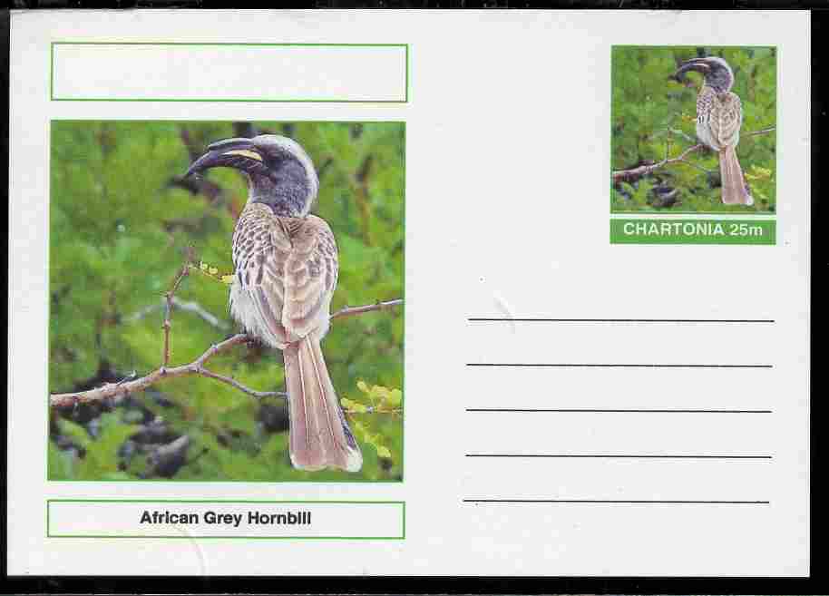 Chartonia (Fantasy) Birds - African Grey Hornbill postal stationery card unused and fine, stamps on birds, stamps on hornbills