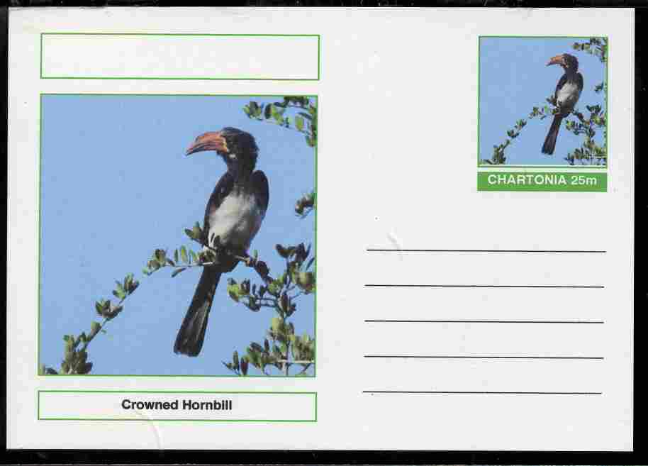 Chartonia (Fantasy) Birds - Crowned Hornbill postal stationery card unused and fine, stamps on , stamps on  stamps on birds, stamps on  stamps on hornbills