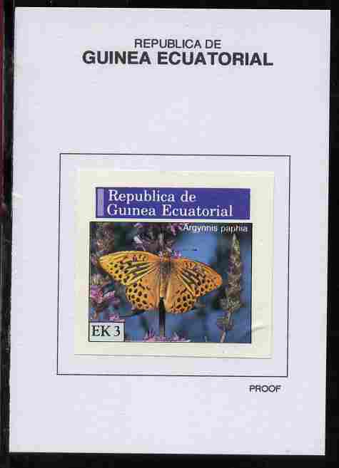 Equatorial Guinea 1976 Butterflies 3EK Argynnis paphia proof in issued colours mounted on small card - as Michel 965, stamps on butterflies