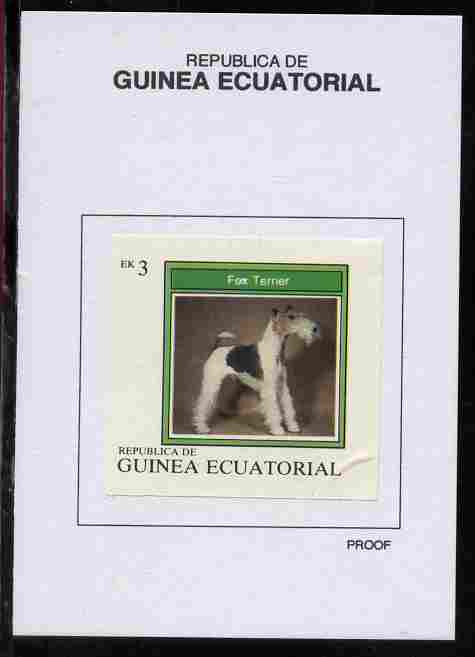 Equatorial Guinea 1977 Dogs 3EK Fox Terrier proof in issued colours mounted on small card - as Michel 1130, stamps on dogs, stamps on terriers