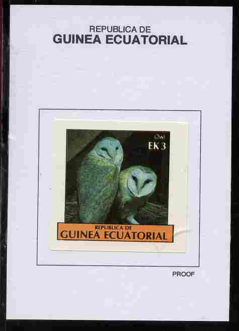 Equatorial Guinea 1977 Birds 3EK Owl proof in issued colours mounted on small card - as Michel 1206, stamps on , stamps on  stamps on birds, stamps on  stamps on owls, stamps on  stamps on birds of prey