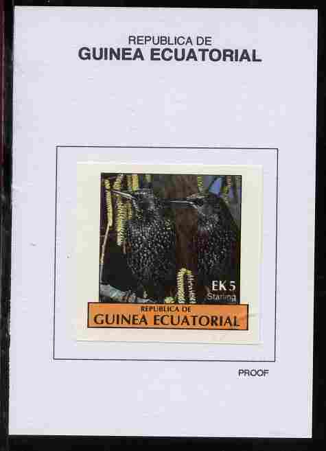 Equatorial Guinea 1977 Birds 5EK Starling proof in issued colours mounted on small card - as Michel 1207, stamps on birds, stamps on starlings