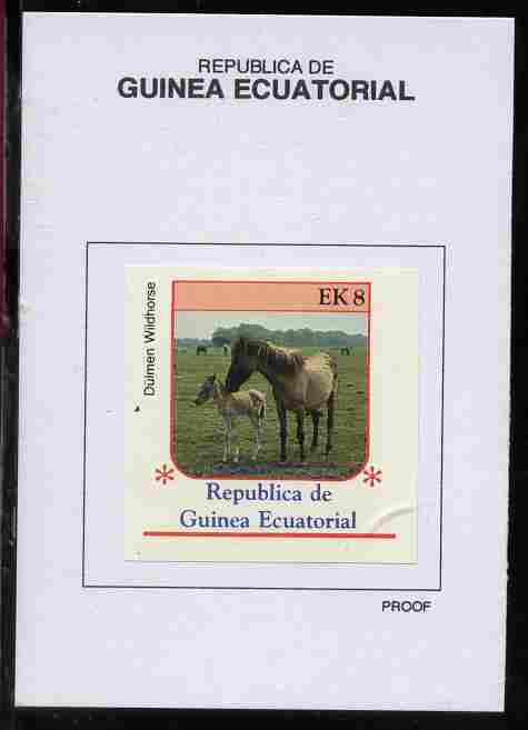 Equatorial Guinea 1976 Horses 8EK Dulmen Wildhorse proof in issued colours mounted on small card - as Michel 808, stamps on horses