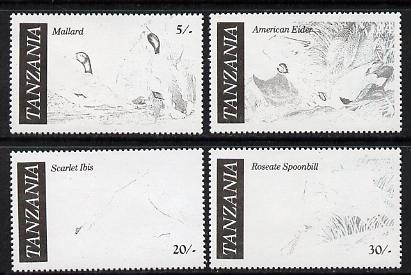 Tanzania 1986 John Audubon Birds set of 4 perforated proofs in black only (asSG 464-7) unmounted mint, stamps on audubon, stamps on birds, stamps on ducks, stamps on mallard    eider   ibis    spoonbill