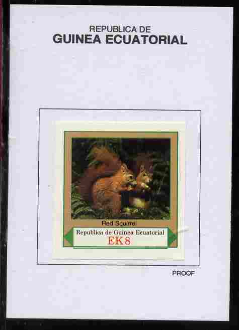 Equatorial Guinea 1977 European Animals 8EK Red Squirrel proof in issued colours mounted on small card - as Michel 1140, stamps on animals, stamps on squirrels