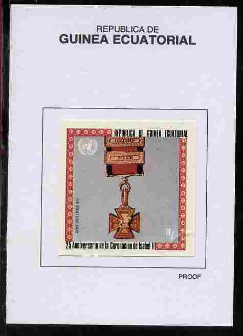 Equatorial Guinea 1978 Coronation 25th Anniversary (Medals) 1EK Army Gold Cross 1813 proof in issued colours mounted on small card - as Michel 1386, stamps on militaria, stamps on medals, stamps on royalty, stamps on coronation