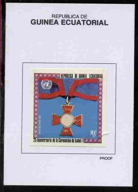 Equatorial Guinea 1978 Coronation 25th Anniversary (Medals) 8EK Royal Red Cross 1883 proof in issued colours mounted on small card - as Michel 1389, stamps on militaria, stamps on medals, stamps on royalty, stamps on coronation, stamps on red cross