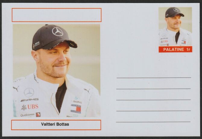 Palatine (Fantasy) Personalities - Valtteri Bottas (F1) glossy postal stationery card unused and fine, stamps on personalities, stamps on sport, stamps on formula 1, stamps on  f1 , stamps on cars