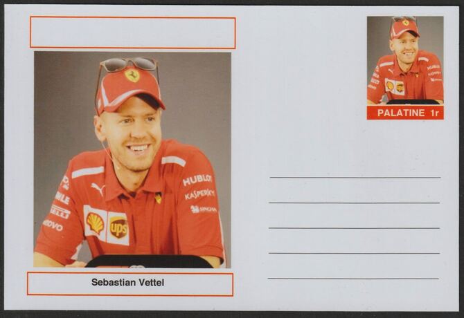 Palatine (Fantasy) Personalities - Sebastian Vettel (F1) glossy postal stationery card unused and fine, stamps on , stamps on  stamps on personalities, stamps on  stamps on sport, stamps on  stamps on formula 1, stamps on  stamps on  f1 , stamps on  stamps on cars