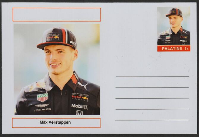 Palatine (Fantasy) Personalities - Max Verstappen (F1) glossy postal stationery card unused and fine, stamps on personalities, stamps on sport, stamps on formula 1, stamps on  f1 , stamps on cars