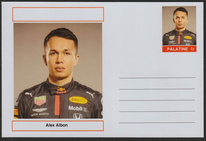 Palatine (Fantasy) Personalities - Alex Albon (F1) glossy postal stationery card unused and fine, stamps on personalities, stamps on sport, stamps on formula 1, stamps on  f1 , stamps on cars