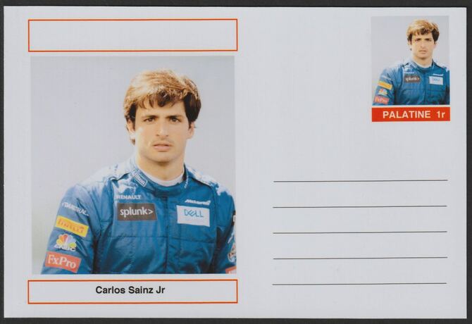 Palatine (Fantasy) Personalities - Carlos Sainz Jr (F1) glossy postal stationery card unused and fine, stamps on personalities, stamps on sport, stamps on formula 1, stamps on  f1 , stamps on cars