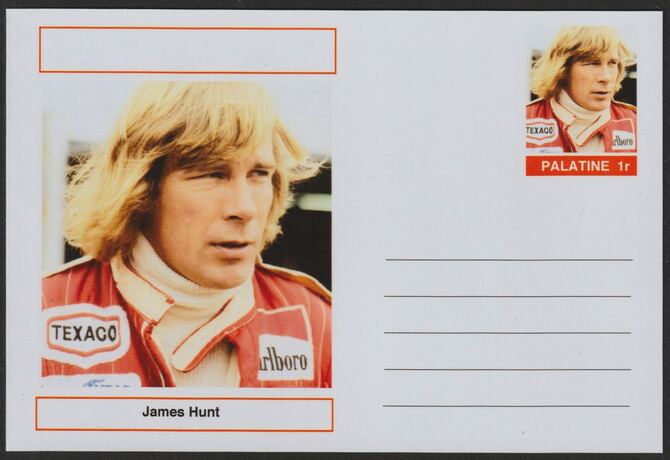 Palatine (Fantasy) Personalities - James Hunt (F1) glossy postal stationery card unused and fine, stamps on , stamps on  stamps on personalities, stamps on  stamps on sport, stamps on  stamps on formula 1, stamps on  stamps on  f1 , stamps on  stamps on cars