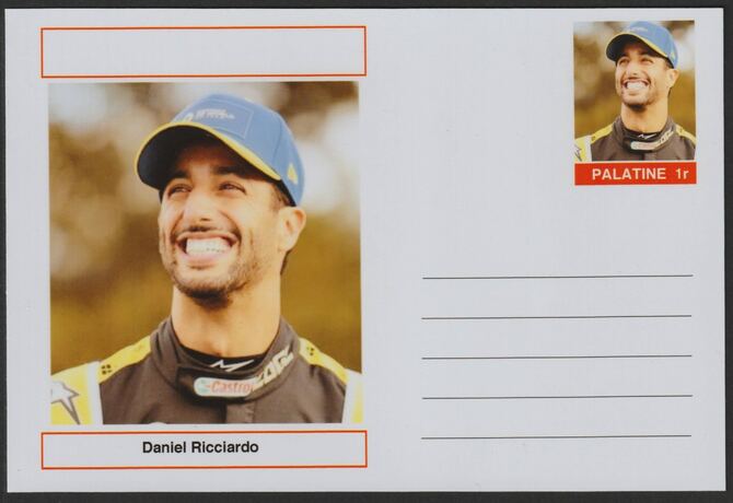 Palatine (Fantasy) Personalities - Daniel Ricciardo (F1) glossy postal stationery card unused and fine, stamps on , stamps on  stamps on personalities, stamps on  stamps on sport, stamps on  stamps on formula 1, stamps on  stamps on  f1 , stamps on  stamps on cars