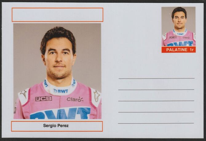 Palatine (Fantasy) Personalities - Sergio Perez (F1) glossy postal stationery card unused and fine, stamps on personalities, stamps on sport, stamps on formula 1, stamps on  f1 , stamps on cars