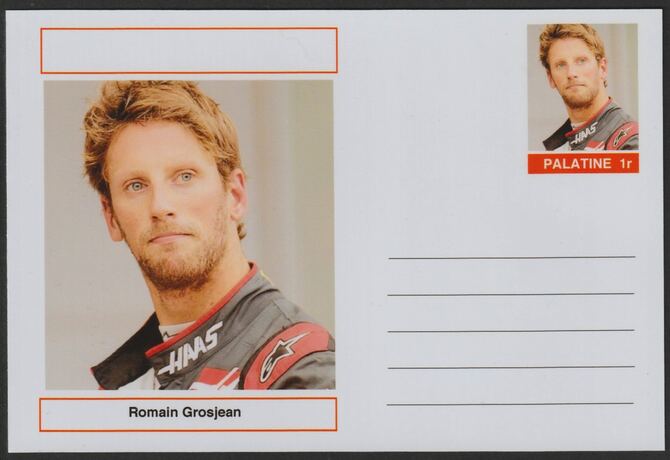 Palatine (Fantasy) Personalities - Romain Grosjean (F1) glossy postal stationery card unused and fine, stamps on personalities, stamps on sport, stamps on formula 1, stamps on  f1 , stamps on cars